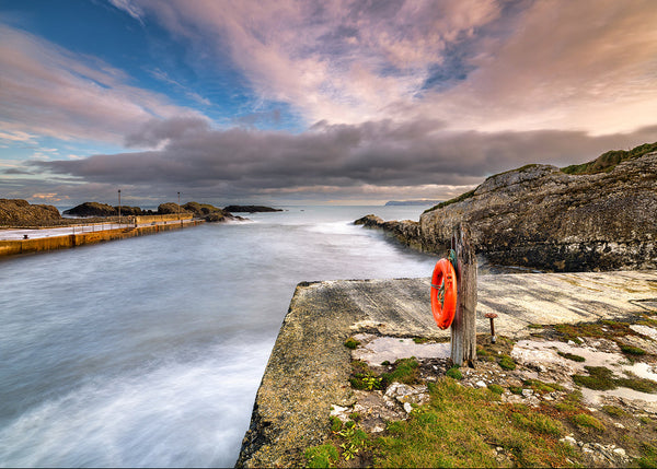 Ballintoy Harbour County Antrim Northern Ireland long exposure seascape pier and lifebuoy