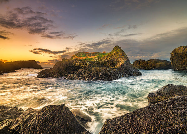 Ballintoy Harbour sunset with Atlantic waves, County Antrim Northern Ireland