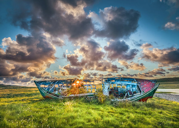 Abandoned fishing boat wreck on the Donegal coast at sunset with dramatic clouds – Irish coastal landscape photography print