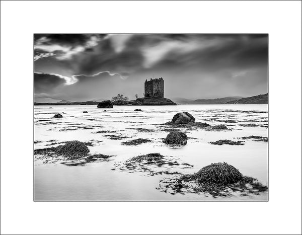 Castle Stalker is a four-storey tower house or keep set on a tidal islet on Loch Laich, an inlet off Loch Linnhe in the Scottish Highlands. Fine Art Scottish Landscape Photography by John Taggart