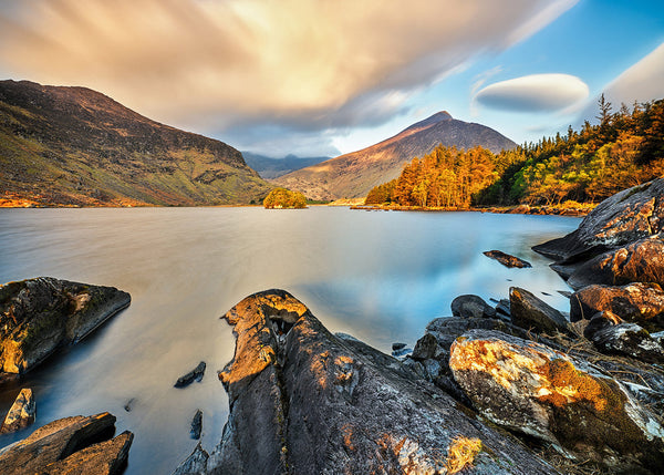 Cummeenduff Lough sunset Wicklow Mountains Ireland landscape photography print with golden light over lake island and mountain backdrop