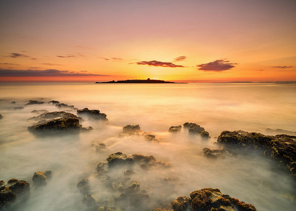 Golden sunset at Doolin, County Clare. Calm Atlantic seascape print with soft tones. Irish coastal wall art by John Taggart Landscapes.