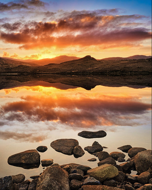 Dunlewy Lough sunset reflection Donegal Ireland mountain lake golden sky landscape photography print