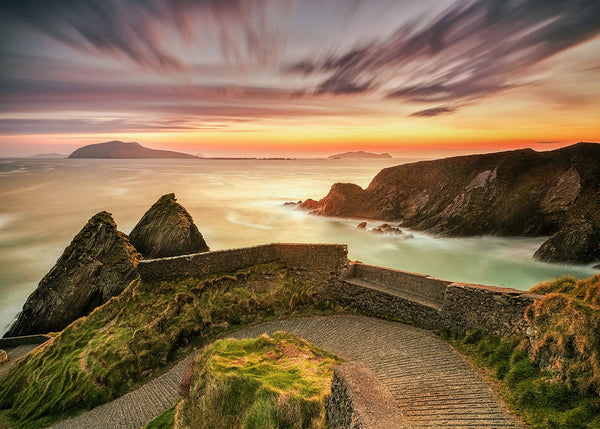 Dunquin Pier Dingle Peninsula Kerry sunset pathway Blasket Islands Ireland coastal landscape wall art print