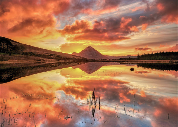 Errigal Mountain sunrise reflection in calm lake County Donegal Ireland, dramatic sky Irish landscape photography print wall art