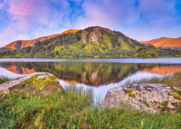 Glanmore Lake County Kerry reflection still water moss rock sunset pastel sky Irish landscape wall art print