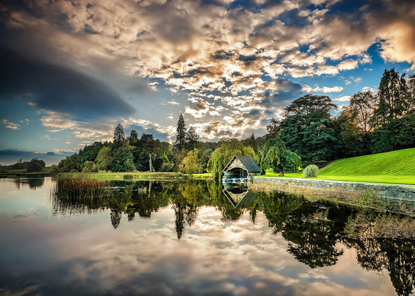 Glaslough boathouse and lake reflections at Castle Leslie Estate County Monaghan Ireland landscape photography
