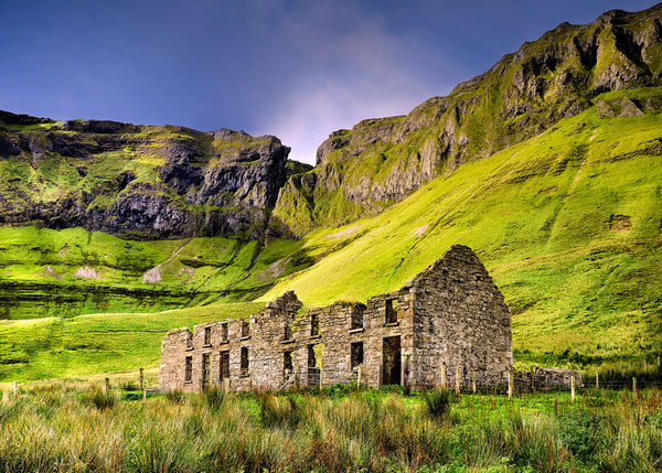 Old school house ruin beneath Benbulben cliffs at Gleniff Horseshoe County Sligo Ireland landscape photography