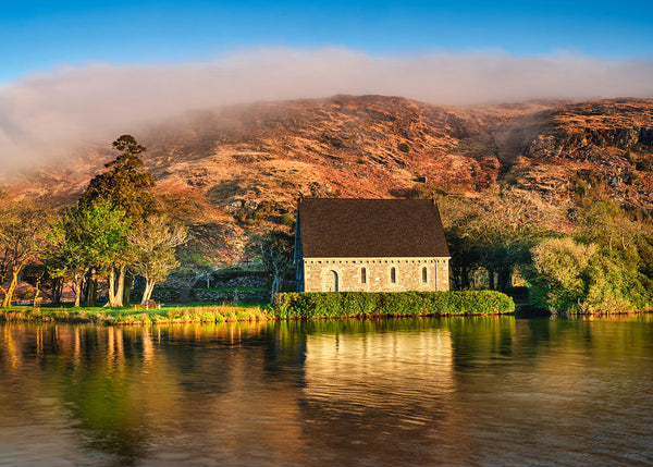St Finbarrs Oratory church reflection on lake Gougane Barra County Cork Ireland landscape photography