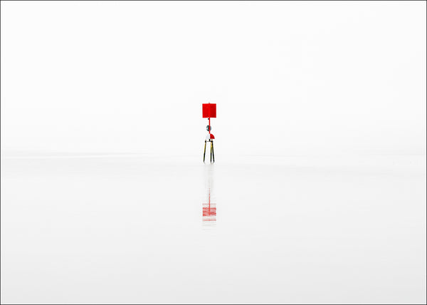 Lough Neagh minimalist landscape with red navigation marker reflected in calm water Northern Ireland fine art photography print