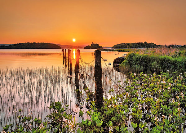 Lough Key sunset with castle on island and old wooden jetty posts reflected in calm water Ireland landscape photography