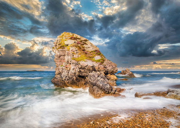 Malin Head sea stack with dramatic sky, County Donegal Atlantic coast Ireland