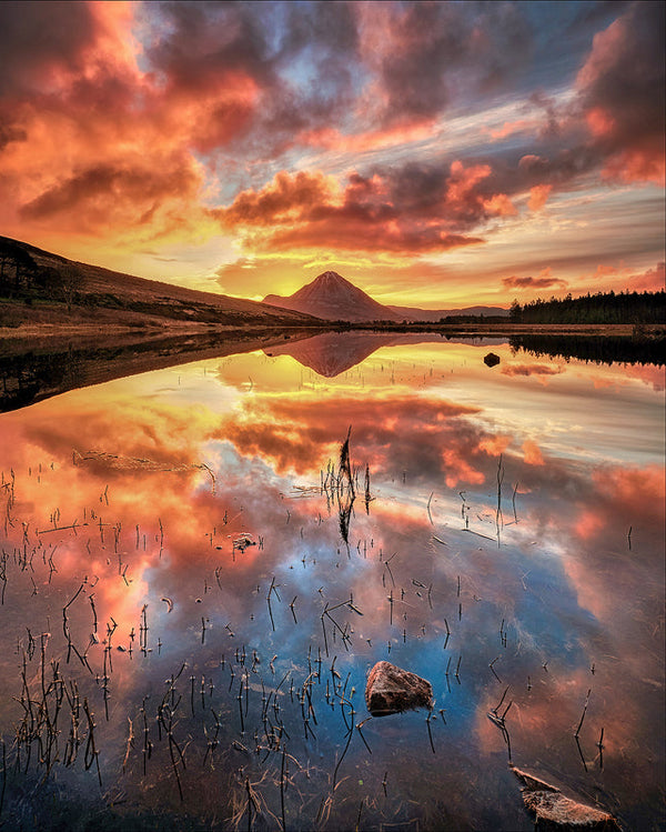 Mount Errigal sunrise reflection Donegal Ireland mountain landscape lake dramatic sky photography print