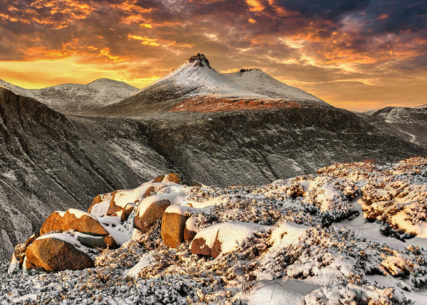 Mourne Mountains winter sunset with snow and Slieve Binnian County Down Northern Ireland