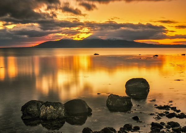 Mourne Mountains sunset reflection Northern Ireland calm water rocks golden sky landscape photography print