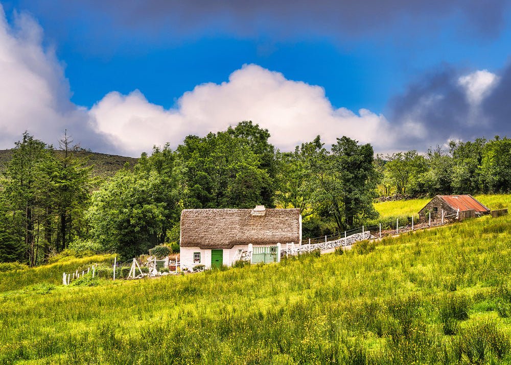 Traditional thatched cottage in green countryside fields at Mullylusty County Fermanagh Ireland landscape photography print.