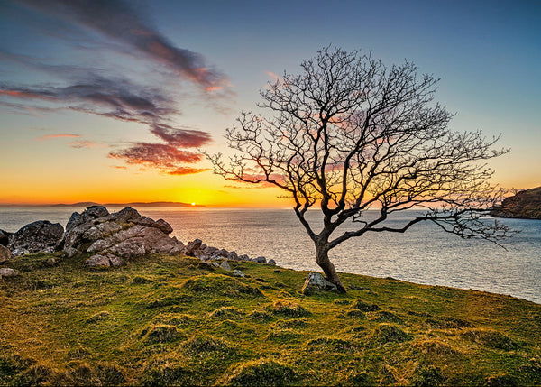 Murlough Bay sunrise with golden light over calm sea and smooth foreground rocks County Antrim Ireland landscape photography by John Taggart