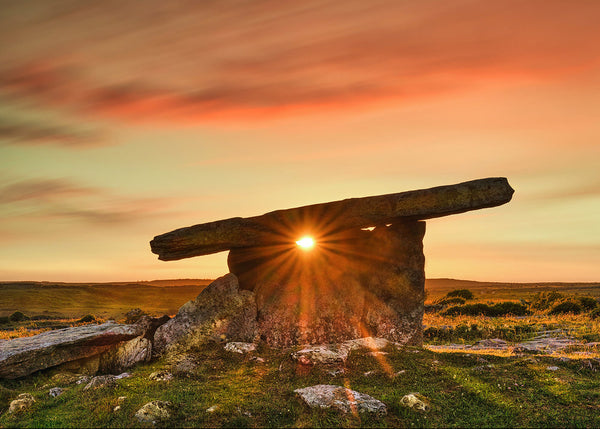 Poulnabrone Dolmen sunset sunburst Burren County Clare Ireland ancient stone tomb landscape photo