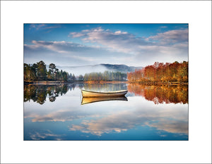 Reflected boat on Loch Beinn a' Mheadhoin, Glen Affric, Strathglass, ighlands of Scotland by John Taggart Landscapes