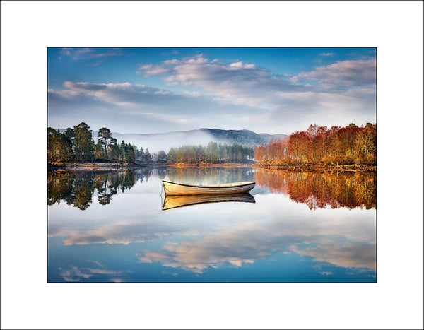 Reflected boat on Loch Beinn a' Mheadhoin, Glen Affric, Strathglass, ighlands of Scotland by John Taggart Landscapes