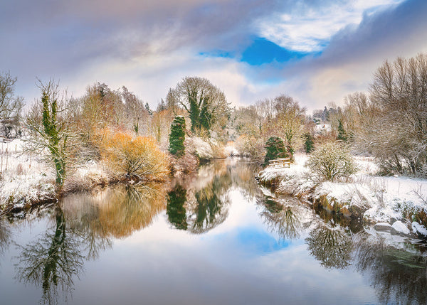 A winter morning along the shores of the Six Mile River in County Antrim against a backdrop of sun kissed trees