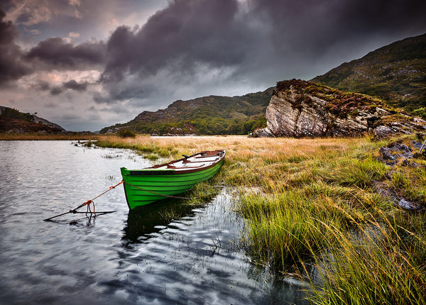 Green boat on Upper Lake Killarney in County Kerry Ireland landscape photography print