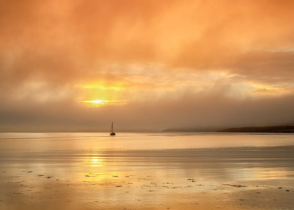 Sailing boat at sunrise on calm waters of Dingle Bay County Kerry Ireland coastal landscape photography prints