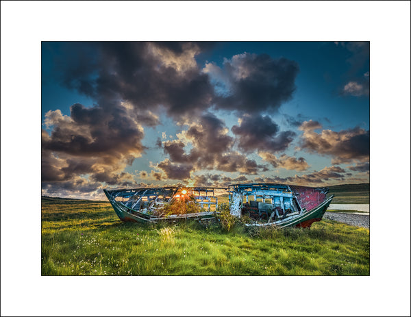 An old fishing boat lies broken in West Done by John Taggart Landscapes