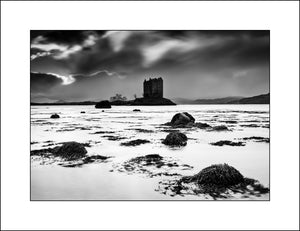 Black & White Scottish Fine Art Photographic print of Castle Stalker by Photographic Artist John Taggart